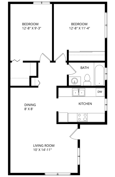 Floor plan for 2 beds, 1 bath, 750 sqft